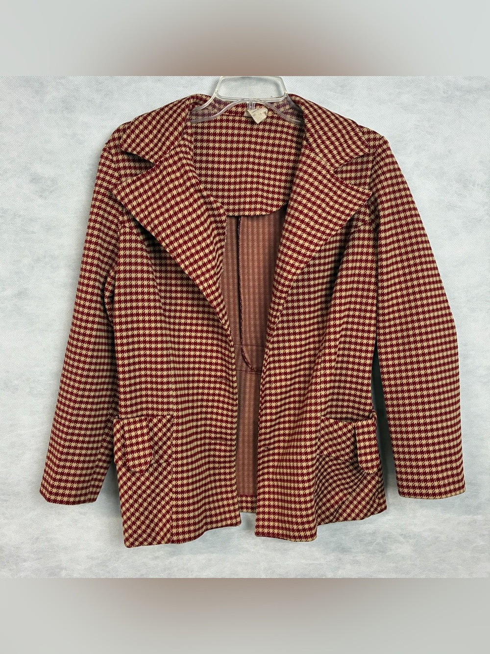 Vintage 70s Unbranded Blazer Jacket Womens Small Houndstooth Red Beige Flaw